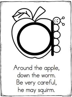 an apple with the letter o on it, in black and white text that reads around the apple, down the wormm be very careful, he may squim