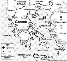 the map of greece with all its major cities and their capital, in black and white