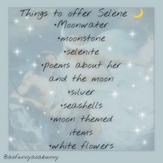 there is a poem written on the back of a card that says, things to offer selene moonwater