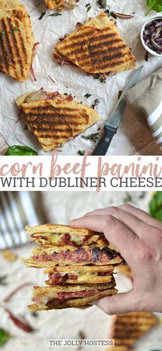 the bacon beef panini with dublin cheese is cut in half and stacked on top of each other