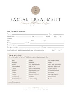 Copy of Facial Treatment Forms - US Letter Esthetician Definition Sign, Esthetician Facial Consent Form, Esthetician Business Logo Ideas, Facial Add On Services, Esthetician Consultation Form, Facial Marketing Ideas