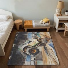 a bedroom with a bed, night stand and toy cars on the rug in front of it