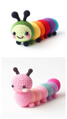 the crocheted caterpillar is colorful and cute