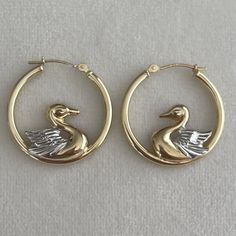 Rare, Unique, Vintage Solid 14k Yellow And White Gold Swan Bird Hoop Earrings. Classic, Puffy, 70s-80s Gold Figural Animal Hoops. Marked 14k. All Jewelry Listed Is Vintage/Pre-Loved And May Have Some *Minor* Wear Commensurate With Age Throughout (But I Do My Best To Note Any Flaws In The Listing). Please Note Also That Photographs Generally Enlarge Jewelry. See Description And/Or Photos For Dimensions . Retro Small Hoop Gold Jewelry, Retro Gold Small Hoop Jewelry, Retro Yellow Gold Earrings, Retro Yellow Gold Round Jewelry, Retro Gold Hoop Jewelry, Gold Retro Hoop Jewelry, Retro Hoop Jewelry For Gifts, Retro Hoop Jewelry As A Gift, Swan Earrings