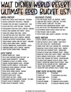 the walt world resort ultimate food bucket list is shown in black and white with text overlay