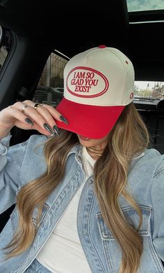 You all have LOVED our custom hats so far, but this one just might be our best! Say hello to this red and cream trucker hat with the cutest saying on the front! The front: "I AM SO GLAD YOU EXIST" The side: "CB" Calypso is so glad all of you exist <3 Adjustable snapback sizing. ALL HATS WILL BE FINAL SALE. Retro Red Trucker Hat With Letter Print, Red Trucker Hat With Letter Print And Flat Brim, Fun Red Trucker Hat With Letter Print, Cute Letter Print Snapback Trucker Hat, Cute Red Snapback Baseball Cap, Trendy Red Trucker Hat With Letter Print, Cute Snapback Hat With Letter Print, Tiny Tank, Platform Heels Boots