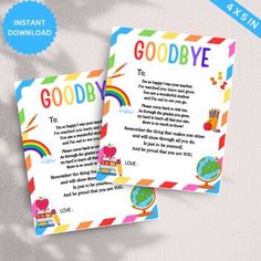 two cards with the words goodbye and rainbows on them