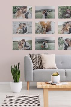 a living room with pictures on the wall and a couch in front of it,