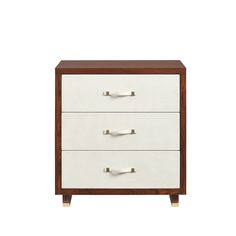 a white and wood dresser with three drawers on one side, two brass pulls on the other