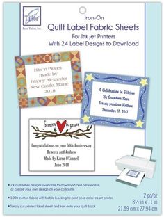 quilt label fabric sheets with 4 different designs to be printed on each side and the other side