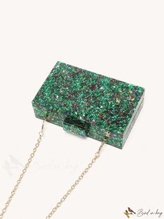 BirdinBag - Mini Bolso Caja de Lentejuelas con Correa de Cadena: Elegante Bolso de Novia, Ideal para Bodas, Promesas y Eventos Green Rectangular Evening Bag With Chain Strap, Rectangular Evening Bag With Chain For Events, Rectangular Chain Evening Bag For Events, Green Rectangular Box Bag For Party, Green Square Party Bag, Green Square Party Bags, Green Rectangular Box Bag For Evening, Rectangular Green Box Bag For Evening, Green Clutch Box Bag For Gifts