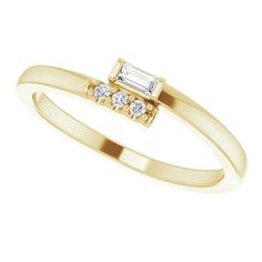 Our 14k gold baguette diamond ring is a modern diamond ring style, which is versatile and can be worn as an engagement ring, diamond wedding band or fashion statement ring. We are offering 14k yellow or white gold made in the bypass ring design. Our simple diamond ring is minimalist in design and is a classic style that is evergreen.While this is a dainty diamond ring, it is not a flimsy ring and has a substantial presence.♡ SPECIFICS:Material: 14kt goldShank Base Thickness: 1.50 mmShank Base Wi Modern Diamond Ring, Modern Diamond Rings, Simple Diamond Ring, Baguette Diamond Ring, Dainty Diamond Ring, Stackable Diamond Rings, Engagement Ring Diamond, Baguette Diamond Rings, Simple Diamonds