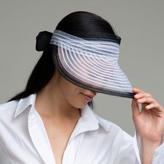 Optic white/black colorblock horsehair packable visor with black grosgrain ties. SKU: 21280-17224 Eugenia Kim, Icon Collection, Horse Hair, Sale Event, Color Blocking, White Black, White And Black, Satin, Black And White