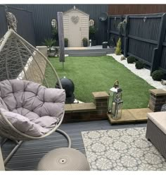 #smallgardeninspo #gardenmakeover #anthracite #slategrey #whitegravel #eggchair #grass #decking #gardenrug #paintedfence #paintedshed #gardenideas #simple #easy Pots On Gravel Border, Easy Garden Borders, Garden Rugs Outdoor, Slabbed Garden Ideas, Gravel Border, White Gravel, Garden Rug, Design Grill