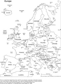 a map of europe with countries labeled in black and white, as well as the names of major cities