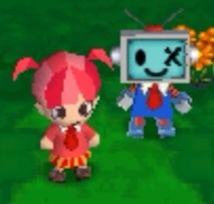 two cartoon characters are standing in front of a tv screen with an emote on it