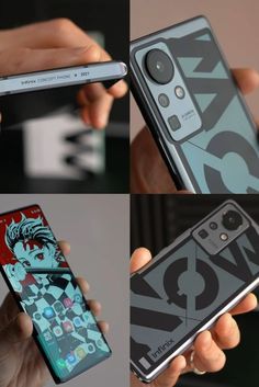 four different images of the same cell phone in various positions, including one being held up by someone's hand