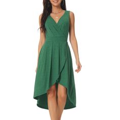 This dress will flatter any body shape, making it a timeless addition to any wardrobe. Its classic design and effortless style make it an essential piece for any fashionista. The casual wrap v-neck and high-low hem dress has a chic and understated design that makes it easy to accessorize with your favorite shoes. Occasion: The casual knee-length dress makes for an important event, wedding, or special occasion. Sleeveless Stretch Cotton Midi Dress, Sleeveless Cotton Mini Dress In Solid Color, Sleeveless Solid Color Cotton Mini Dress, Sleeveless Green Solid Mini Dress, Sleeveless Green Mini Dress, Sleeveless Solid Green Mini Dress, Sleeveless Solid Color Mini Dress, Solid Sleeveless Cotton Midi Dress, Green Sleeveless Solid Color Dress