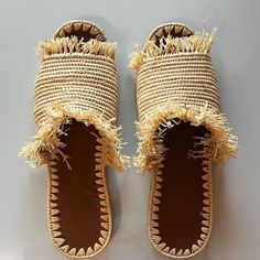 This Never Used Sandal Is Handmade With Natural Raffia Straw. It Also Comes With A Leather Insole. It’s The Perfect Sandal For The Summer! Beige Slip-on Espadrilles For Vacation, Beige Woven Sole Flip Flops For Beach, Beige Beach Flip Flops With Woven Sole, Beige Woven Closed Toe Sandals, Beige Closed Toe Sandals For Vacation, Summer Natural Espadrilles For Beach Season, Natural Color Summer Espadrilles For Beach Season, Bohemian Straw Sandals With Round Toe, Beige Flip Flops With Woven Sole For Vacation