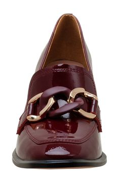 A two-tone chain adds a dash of modern elegance to the vamp of this sleek leather loafer lofted on a flared block heel. 3" heel Cushioned footbed Leather upper/synthetic lining/rubber sole Imported Burgundy Loafers Outfit, Loafers Outfit Women, Red Loafers, Loafers Outfit, Block Heel Loafers, Casual Loafers, Heeled Loafers, The Vamps, Modern Elegance