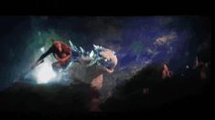 an animated image of a man riding a dragon in the sky with other people around him