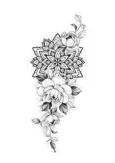 a black and white drawing of flowers with leaves on the bottom half of their petals