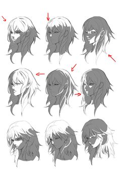 the stages of drawing anime hair with different angles and directions for each character's head