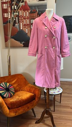 "Super cute mid-weight bubblegum pink 1970s trench by Misty Harbor. Cream enamel buttons. Double breasted. Decent vintage condition, with a few tiny spots as shown in photos. Size women's large. Looks great oversized, like shown on model.  Measurements:  Shoulders - 15\" Chest - 38\" Length - 37\" Hips - 44\"" Mod Mini Dress, Silk Dress Vintage, Pittsburgh Pa, Bubblegum Pink, Lovely Colors, Bubble Gum, Model Measurements, Pittsburgh, Navy And White