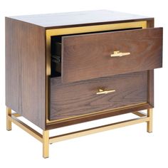 a wooden cabinet with two drawers and gold handles