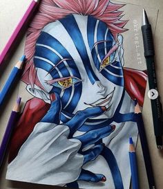 a drawing of an anime character with pink hair and blue eyes is shown next to colored pencils