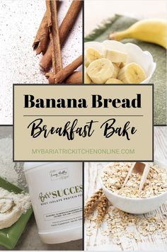 banana bread breakfast bake collage with ingredients including oatmeal and cinnamon sticks