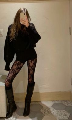 Pattern Tights, Trendy Outfit Ideas, Party Fits, Lace Tights, Fall Outfit Ideas, Trendy Outfit, Night Out Outfit, Trendy Fall