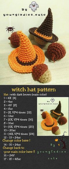 crocheted witch hat pattern with brown and orange colors