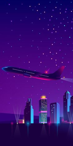 an airplane is flying over the city at night with stars in the sky above it