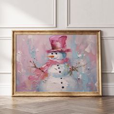 a painting of a snowman wearing a pink hat