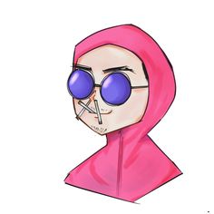 a drawing of a person wearing sunglasses and a pink hood