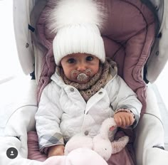 a baby in a stroller wearing a white hat and holding a pink teddy bear