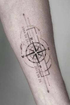 a small compass tattoo on the right inner arm and leg, with lines drawn across it