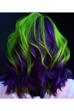 Prepare to be amazed by the stunning color blocking on display! 🎨 With rich deep violet and bright neon green sections, this hair artistry is a true masterpiece. From the back view, witness the bold contrast against a black backdrop, creating a mesmerizing visual spectacle. Are you ready to embrace vibrant hair colors? Let's make a statement with your hair! #ColorBlockingBrilliance #RichViolet #NeonGreen #HairArtistry #HairInspiration #BoldHairColors #ExploreNewStyles #HairMagic Green And Purple Peekaboo Hair, Crazy Hair Colors Ideas, Neon Purple Hair Color, Black Green Purple Hair, Vibrant Green Hair, Blue To Green Ombre Hair, Beetlejuice Hair Color, Neon Green And Purple Hair, Black And Emerald Green Hair