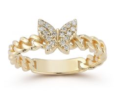 Evoke elegance and charm with the Luminosa Gold Diamond Butterfly Curb Link Ring. This exquisite piece features a curb band adorned with a diamond pave butterfly design at its center, perfect for adding a touch of sparkle to any outfit. From Luminosa. Pretty Quinceanera Dresses, Link Ring, Diamond Butterfly, Jewelry Accessories Ideas, Linking Rings, Rings Gold, Accessories Ideas, Gold Accessories, Quinceanera Dresses