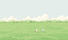 two cartoon characters in a green field