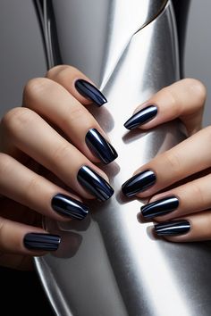 Unleash your inner diva with these stunning dark blue chrome nail designs that exude elegance and sophistication. From shimmering midnight blues to bold metallic accents, these nails are sure to make a statement. Click to discover your next favorite nail look! #NailInspo #ChromeNails Black Nails Blue Chrome, Black And Silver Chrome Nails Designs, Dark Blue Metallic Nails, Chrome Navy Nails, Dark Blue Nails With Chrome, Chrome Dark Nails, Dark Blue Black Nails, Dark Blue Nails Chrome, Classic Elegant Nails