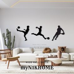 three silhouettes of people playing soccer in a living room