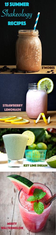 three different types of smoothies are shown in this collage, including strawberry lemonade and watermelon