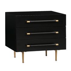 a black and gold nightstand with three drawers on one side and two brass handles on the other