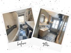 two pictures show the same bathroom before and after remodeling