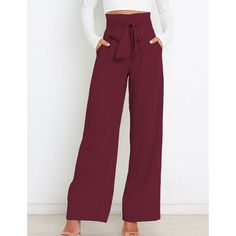 Burgundy Bowknot High Waist Wide Leg Pants Belt Bottoms, Pants With Belt, High Waist Wide Leg Pants, Pocket Pants, Bottoms Pants, Leg Pants, Wide Leg Pants, High Waist, Wide Leg