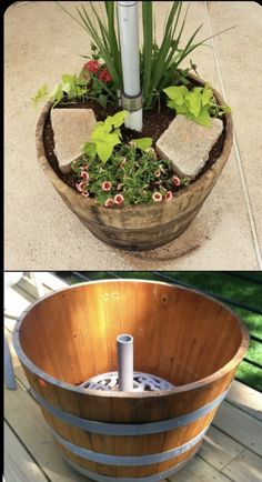 an old barrel turned into a planter