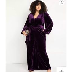 Eloquii Wide Leg Velour Velvet Jumpsuit Size 24 New With Tag Absolutely Stunning, Sold Out Completely Amazing Dark Purple Plum Color Rich Soft Elegant And Comfortable Fit Bodice Elasticized Waist Seam Easy From Hip To Thigh Wide Leg Waist Sash Ties Center Back Zipper Closure Shoulder Pads Stretch Knit Velvet 95% Polyester / 5% Spandex Care: Turn Garment Inside Out, Hand Wash Cold Smoke And Pet Free Home Fast Shipping Ir0158d Black Wrap Skirt, Wedding Pantsuit, Olive Green Romper, Gold Jumpsuit, Bell Sleeve Romper, Velvet Jumpsuit, Waist Sash, Plus Size Romper, Tie Skirt