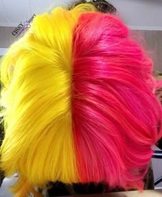 Pink To Yellow Hair, Half Yellow Half Pink Hair, Yellow Hair Ideas, Blue Yellow Hair, Yellow And Blue Hair, Hair Ideas Colored Dyed, Pink Yellow Hair, Split Dye Pink, Pink And Blue Split Dye Hair